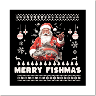 Merry Fishmas Santa Fishing Ugly Christmas Sweater Posters and Art